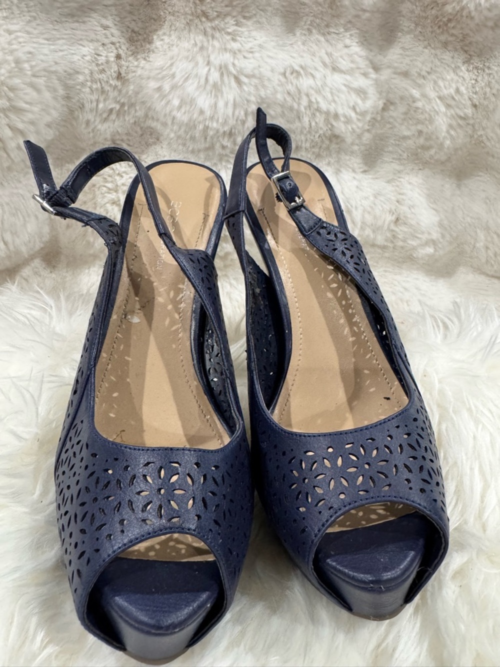 BCBGeneration Navy Laser-Cut Peep-Toe Slingback Heels